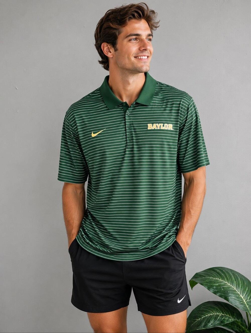 NIKE DRI FIT:: Baylor Green Striped Athletic Short Sleeve Polo